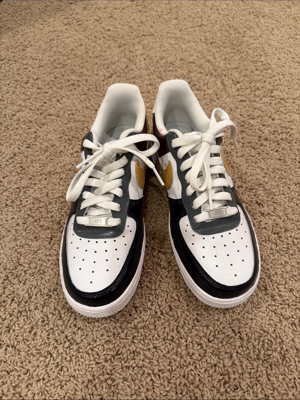 Nike Sneakers Air Force Ones Painted in Gray, Navy, Gold & Maroon Red